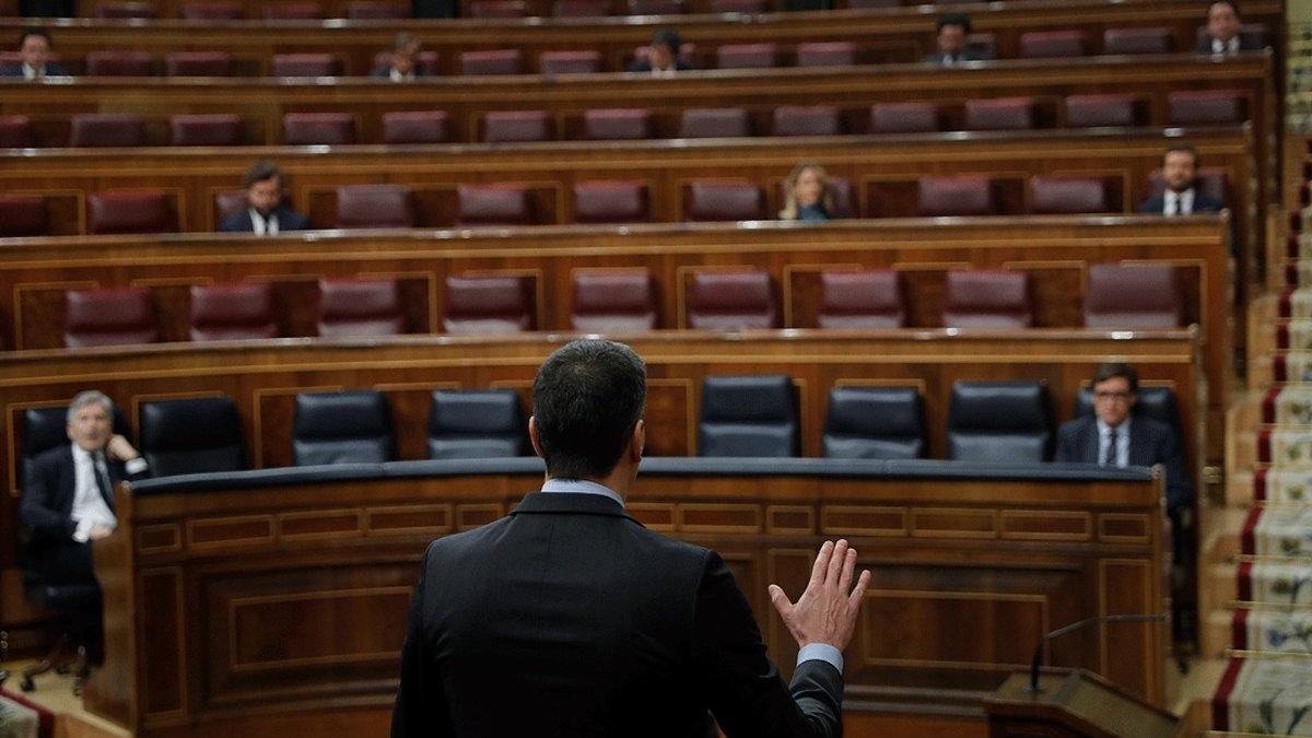 El presidente del Gobierno, Pedro Sánchez (de espaldas), interviene durante el pleno de control al Ejecutivo, el 29 de abril en el Congreso