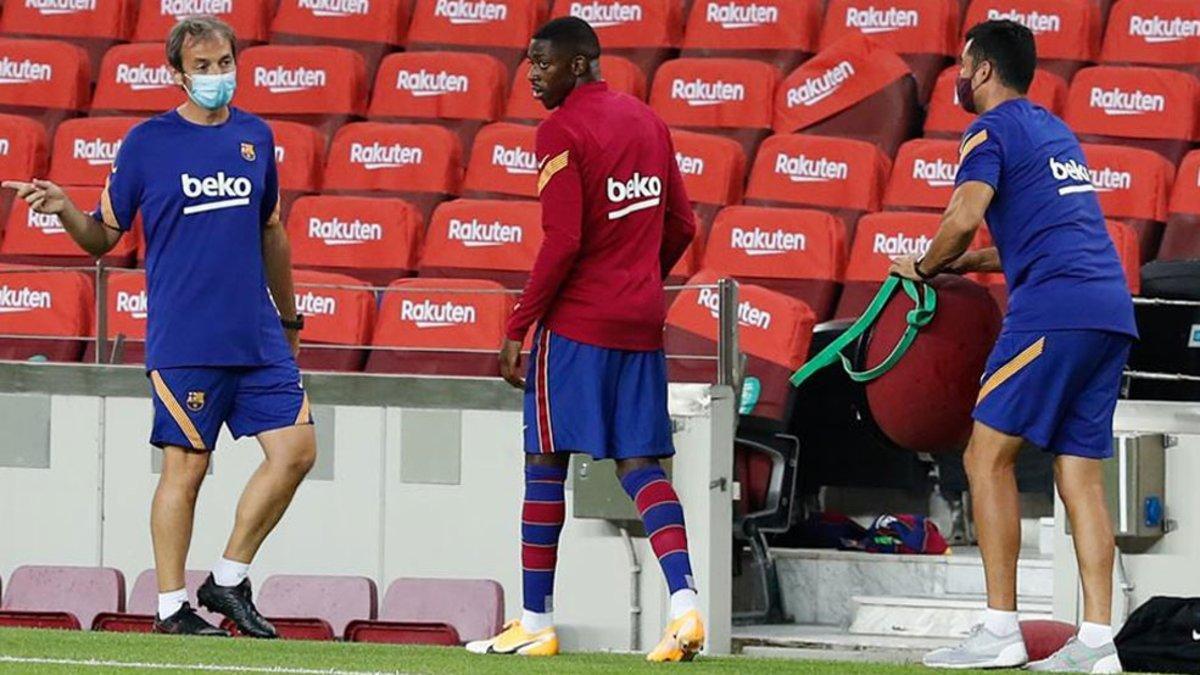 Ousmane Dembélé, en plenos ejercicios individualizados durante el descanso del Gamper