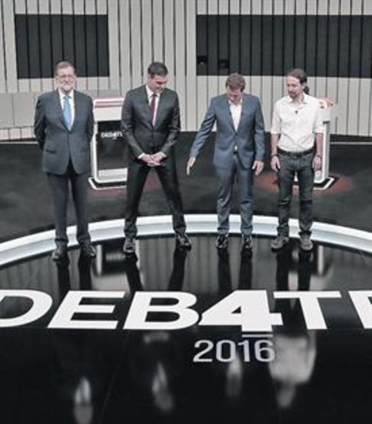 Rajoy, Sánchez, Iglesias y Rivera, antes del debate de cuatro, el 13 de junio.