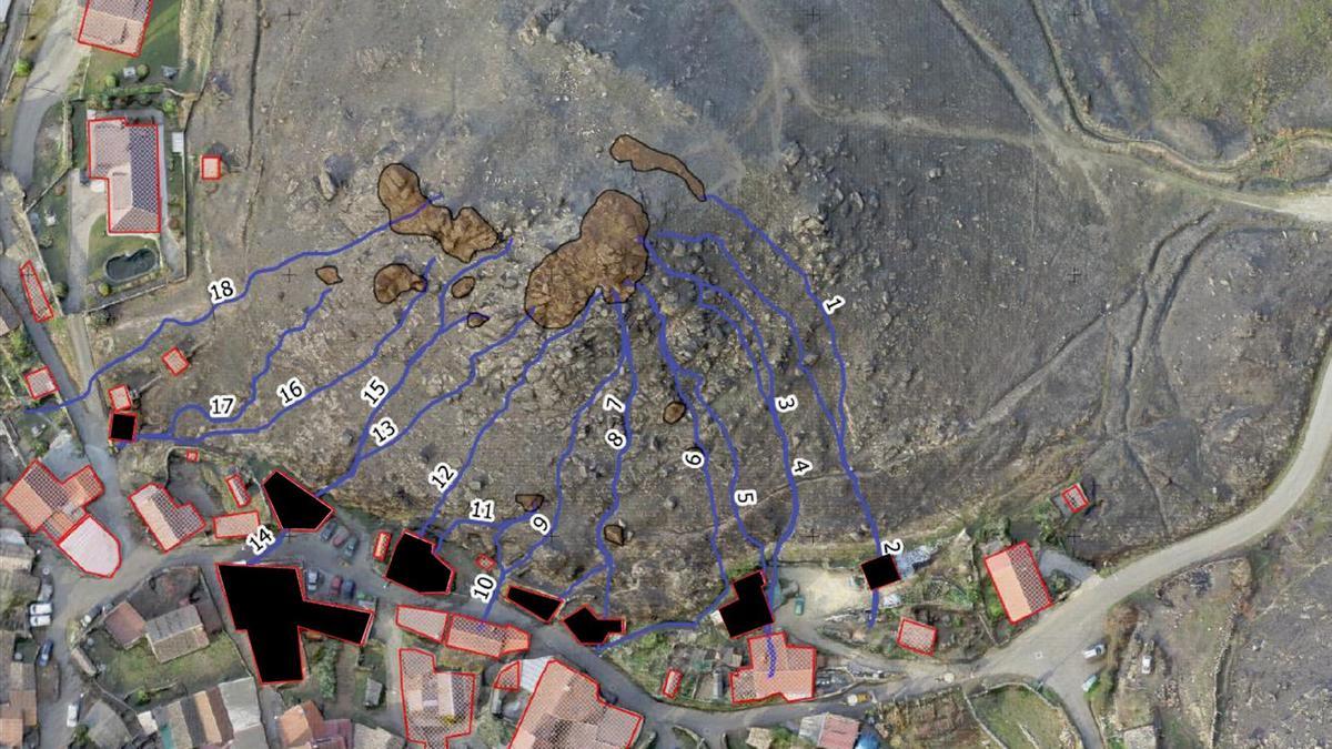 Estimación de trayectorias de los posibles desprendimientos en el Monte do Castro en Chandebrito.