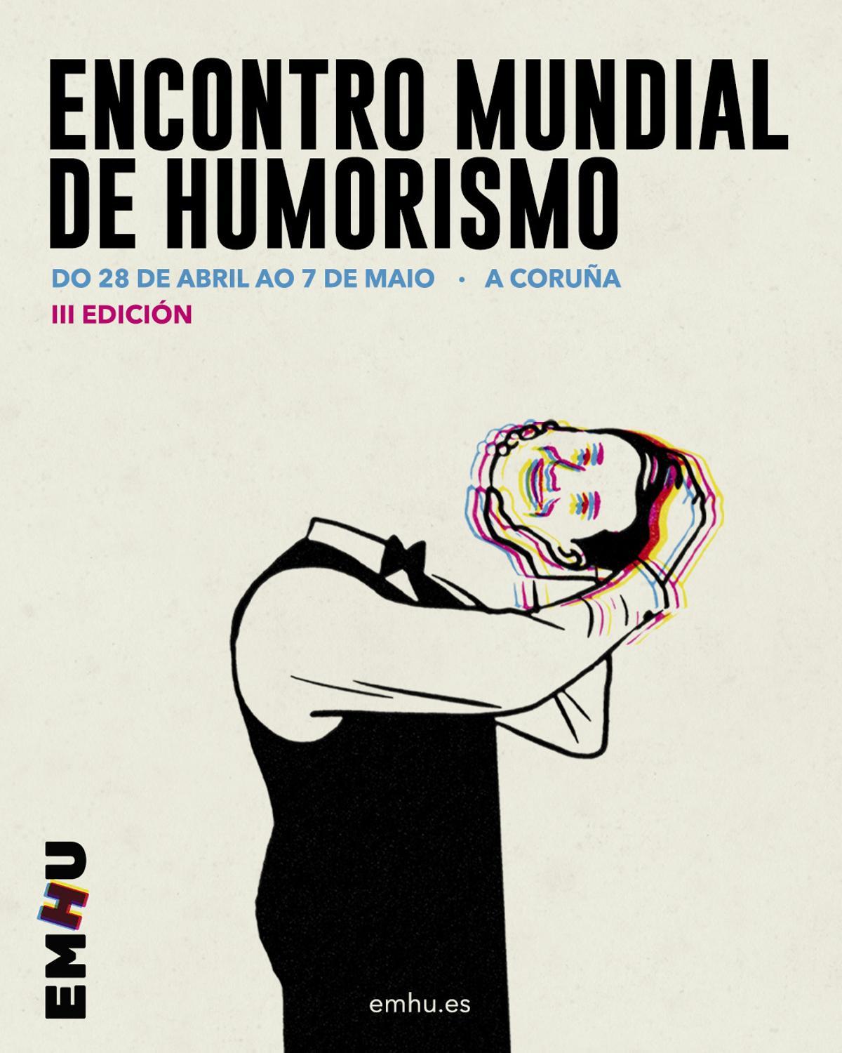 Cartel del Encuentro Mundial de Humorismo (EMHU) A Coruña 2023.