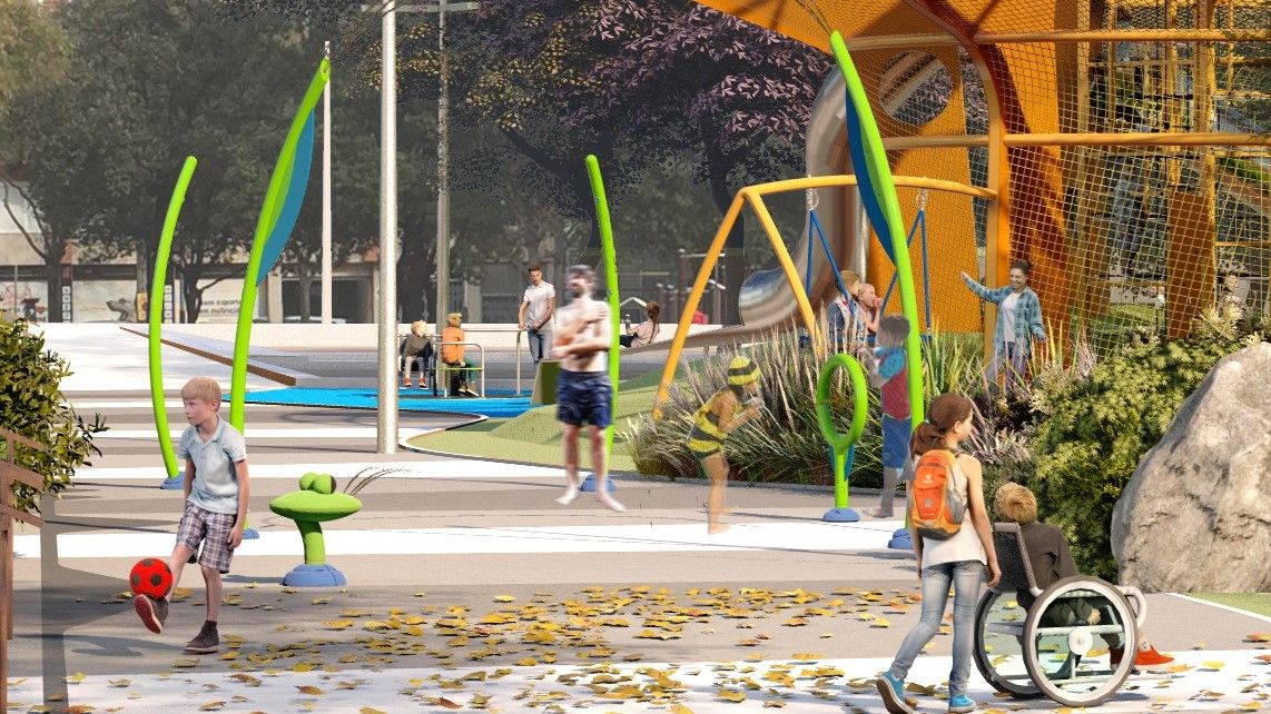 Render de los juegos de agua en forma de duchas, en verano, en los futuros jardines de Málaga (Barcelona)