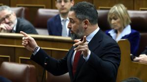 El líder de Vox, Santiago Abascal, durante la sesión del control en el Congreso señalando a Sánchez y Feijóo.
