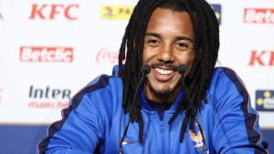 Frances national football team defender #05 Jules Kounde holds a press conference on the eve of the friendly football match between France and Ivory-Coast ahead the FIFA 2026 World Cup, in Nantes on June 3, 2026. (Photo by FRANCK FIFE / AFP)