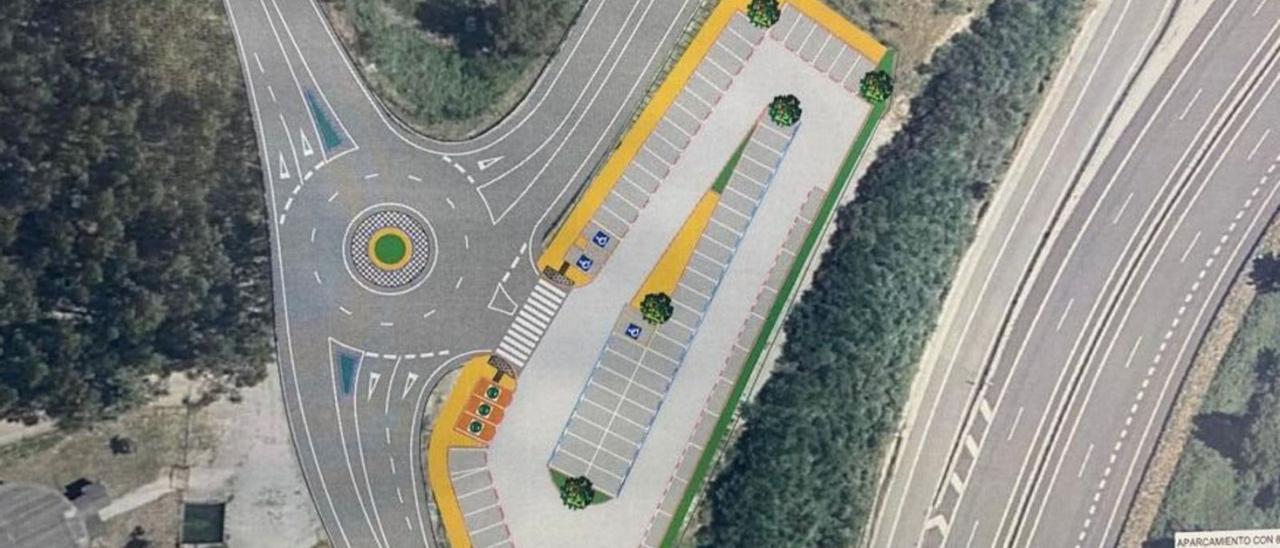 Boceto del nuevo aparcamiento disuasorio proyectado en el enlace de San Lorenzo, en la autovía |