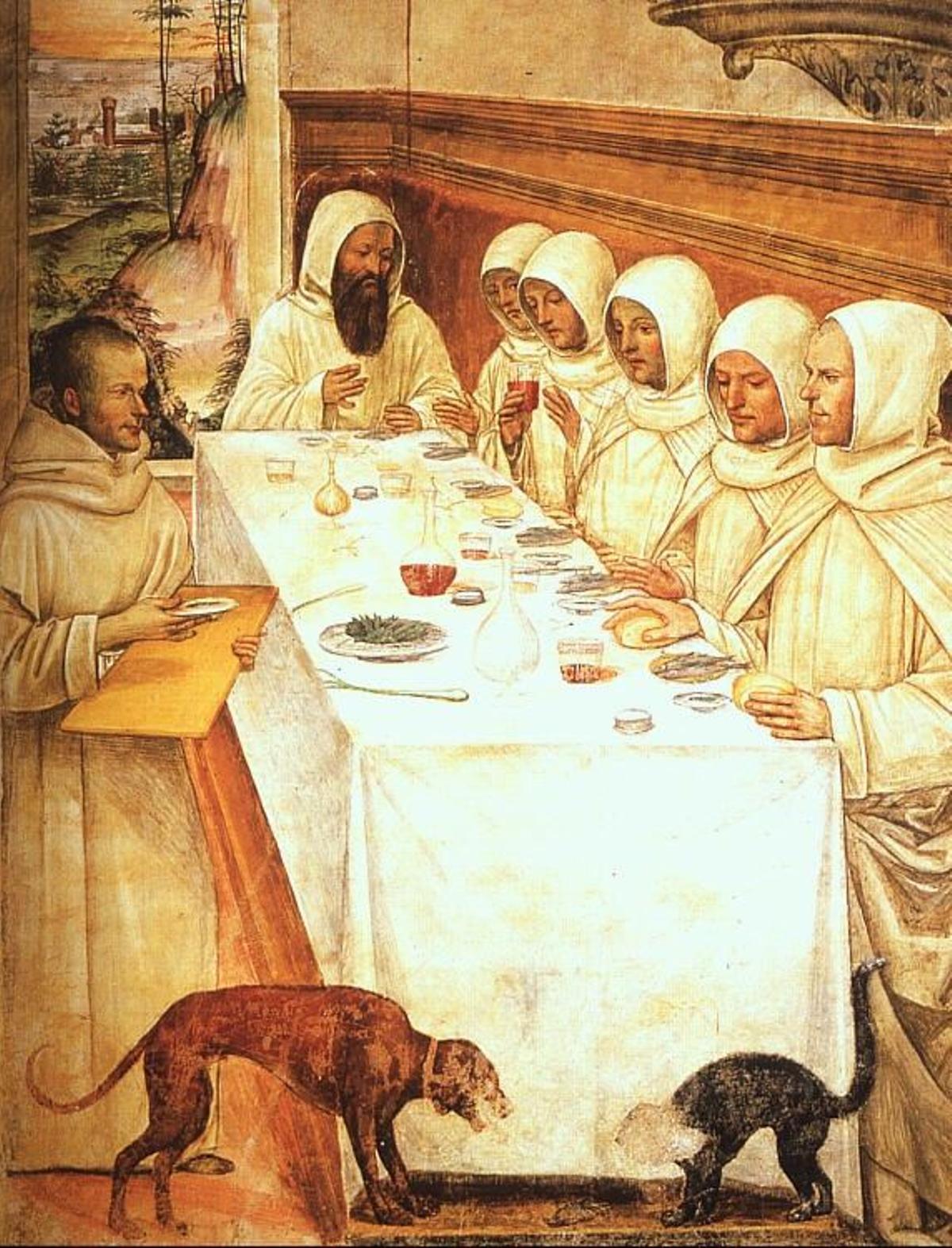 Una il·lustració del llibre que representa un refectori d'un monestir medieval.