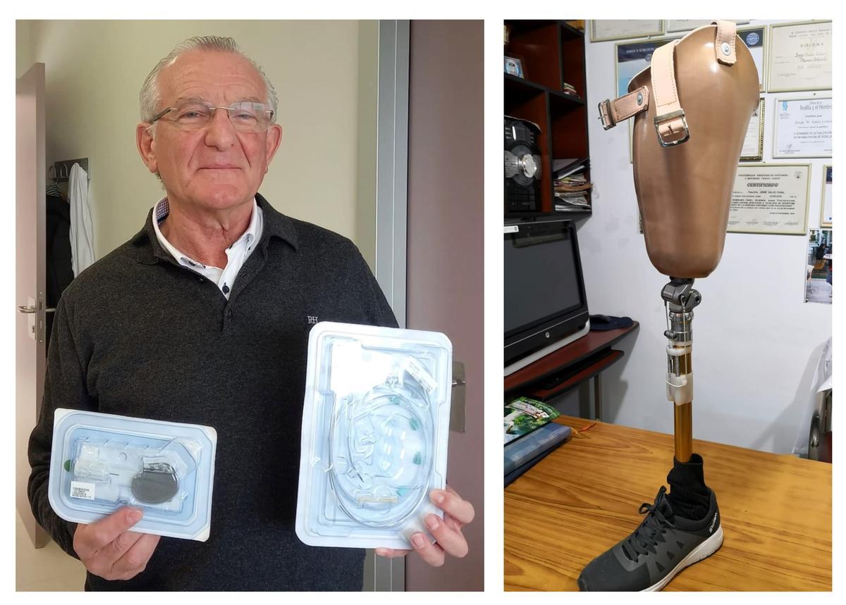 Plácido Orosa, a la derecha, muestra un marcapasos. A la derecha prótesis de pierna que se financió.