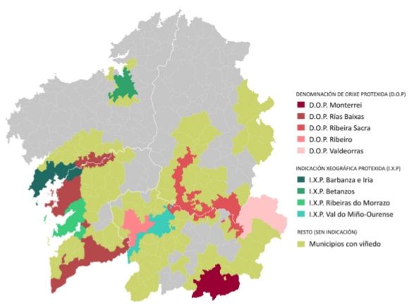 Mapa de Denominaciones de Orixe Protexida e Indicaciones Xeográficas Protexidas de vino en Galicia.