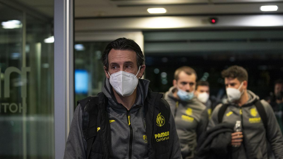 Unai Emery, entrenador del Villarreal, a la llegada a Bérgamo.