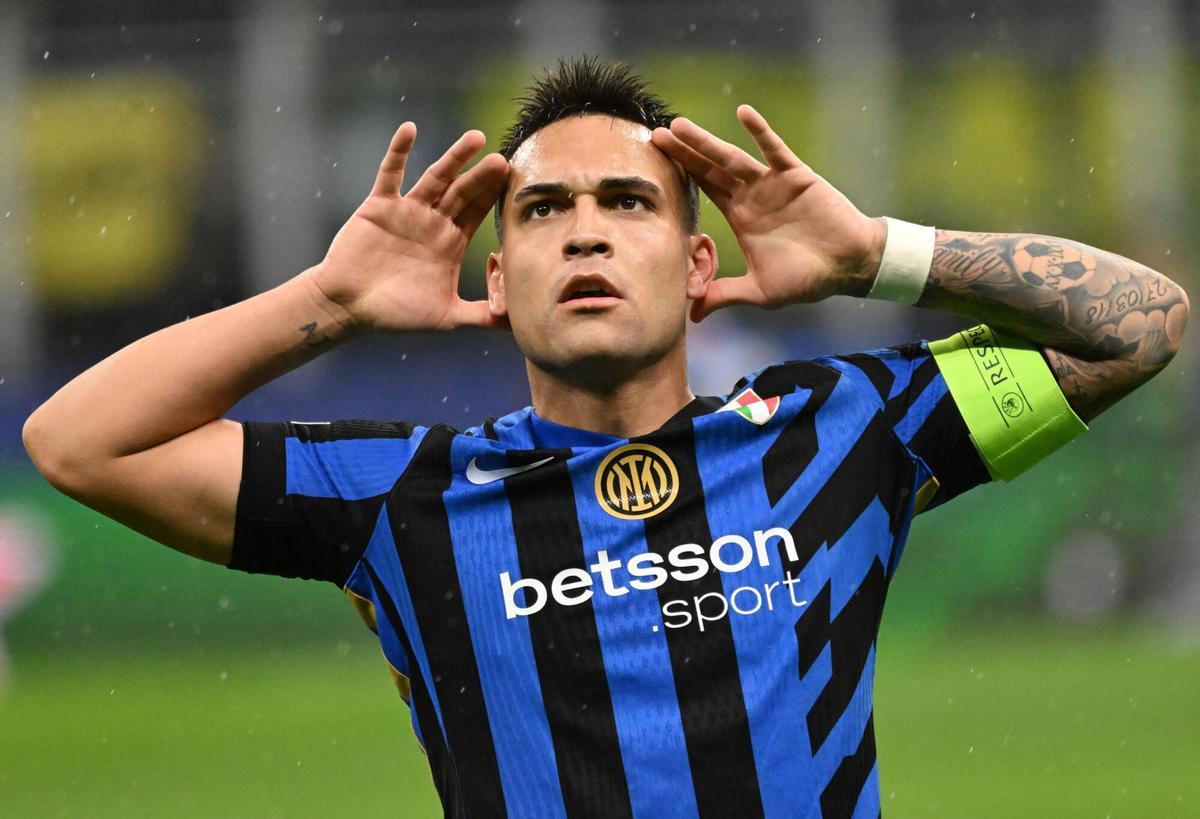 El jugador del Inter Milan Lautaro Martinez celebra el 1-1 durante el partido de vuelta de cuartos de la UEFA Champions Leagueque jugaron Inter y Bayern