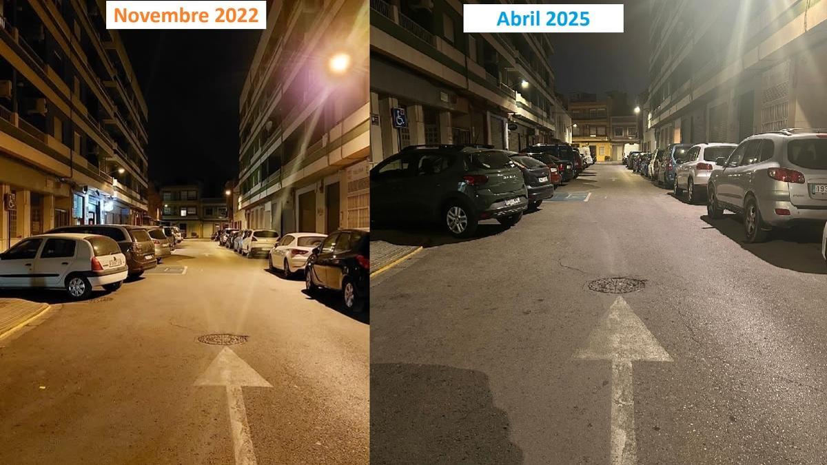 Calle Glòries Valencianes antes y ahora con el cambio de luces.