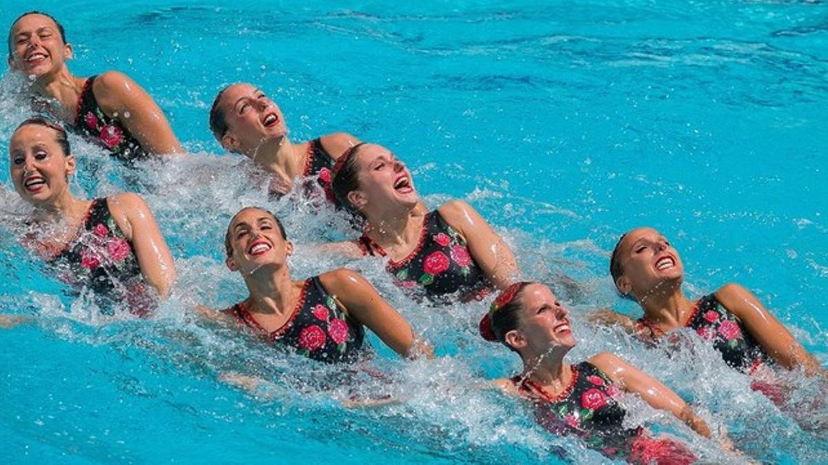 Las nadadoras españolas Clara Basiana, Cecilia Jiménez, Sara Levy, Paula Ramírez, Ona Carbonell, Paula Klamburg, Mertxell Mas y Cristina Salvador compiten en el Campeonato Preolímpico de natación sincronizada de Río.