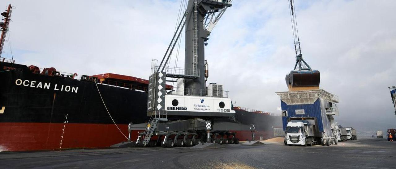 Un barco descargando cereal en el puerto de Marín. // Gustavo Santos