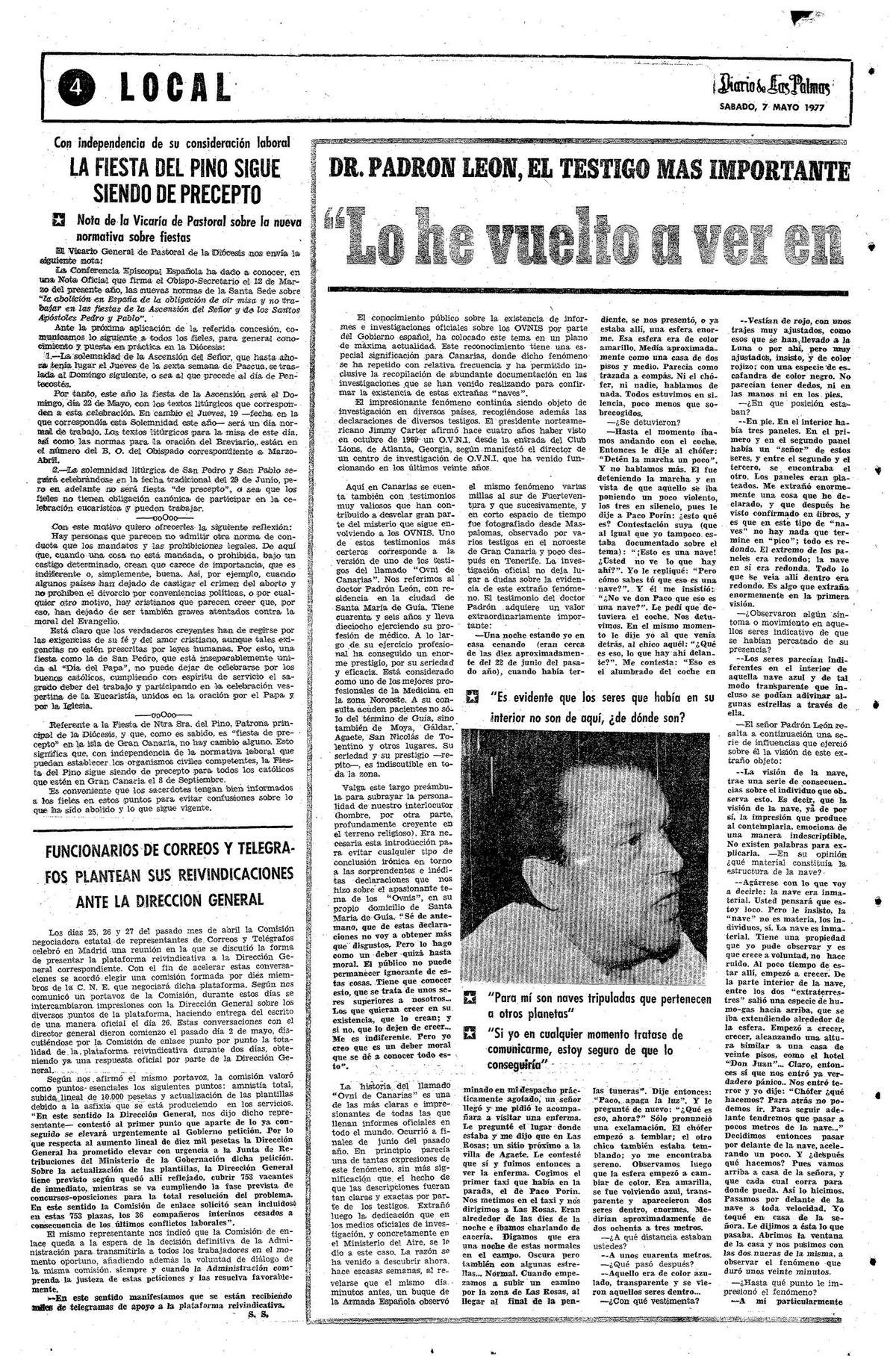 Primera página de la entrevista al doctor Padrón en Diario de Las Palmas el 7 de mayo de 1977.