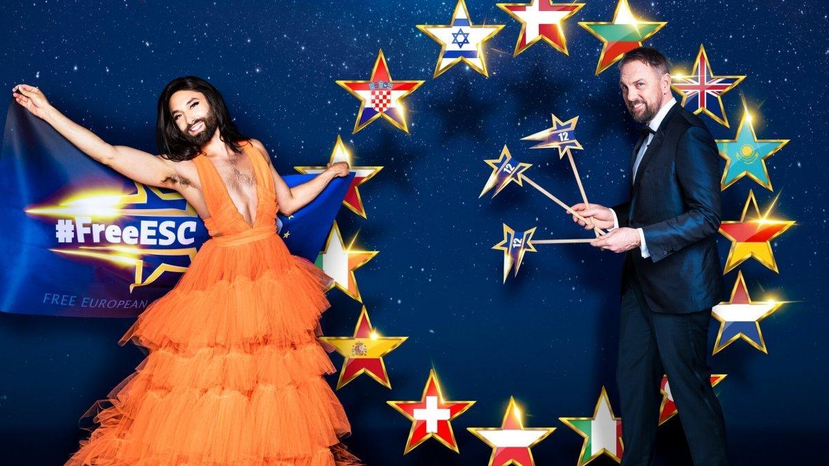 Conchita Wurst y Steven Gätjen, presentadores de 'Free European Song Contest' en la cadena alemana Prosieben