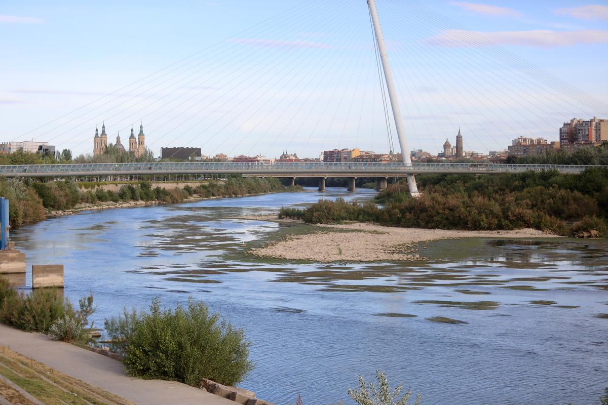 El bajo caudal del Ebro aflora una isleta bajo la pasarela del Voluntariado.