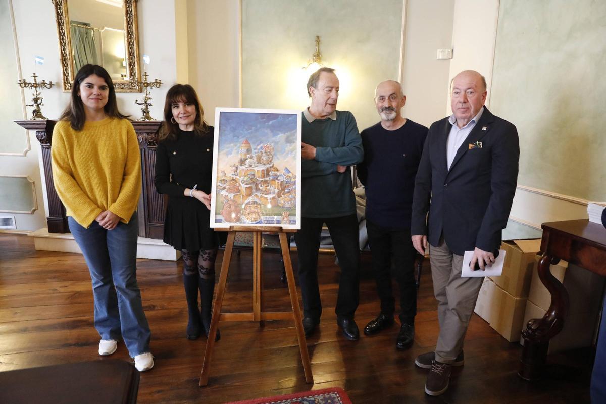 Por la izquierda, Raquel Ruiz, Yolanda Alonso, Ramón Rodríguez, Luis Taboada (autor del cuadro central, portada de la revista) y Benjamín Lebrato, este viernes, en el Palacio de Avilés.