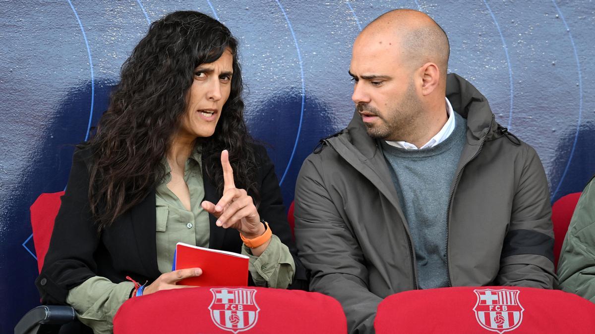 Barcelona. 20.04.2024. Deportes. markel Zubizarreta y Montse Tomé en la grada de Montjuic para presenciar el partido entre el Barça y el Chelsea femeninos de semifinales de champions.