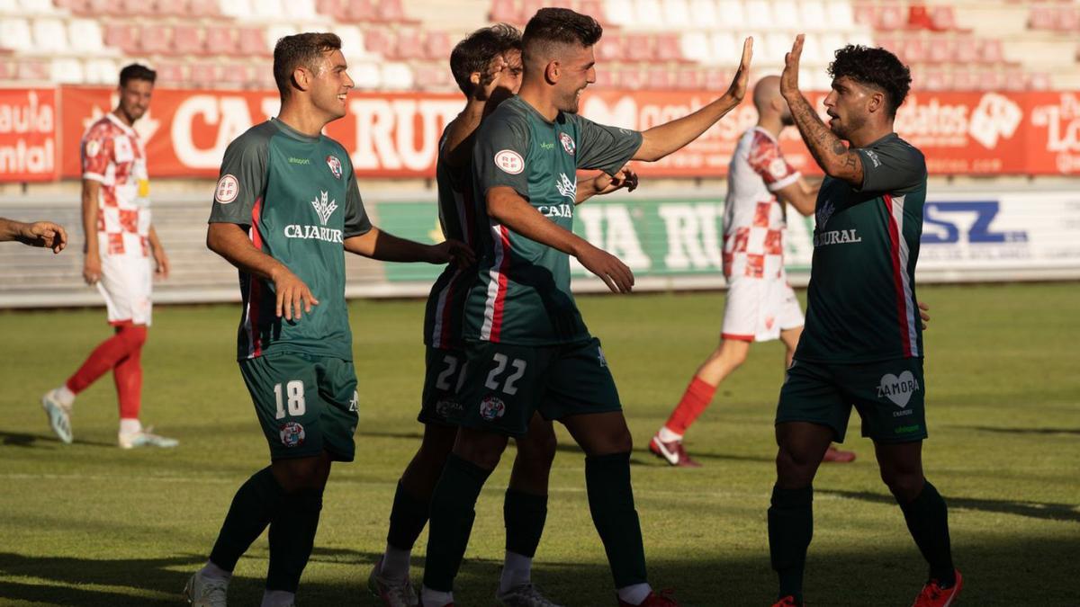 Los jugadores del Zamora CF celebran un gol en el Ruta de la Plata. | J. L. F.
