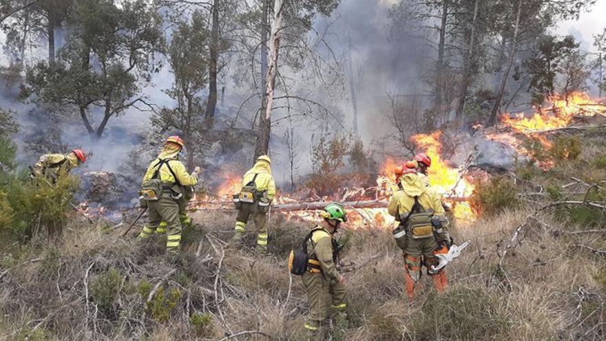 El viento complica la extinción del fuego y los bomberos luchan por evitar que las llamas pasen del barranco de la Maimona