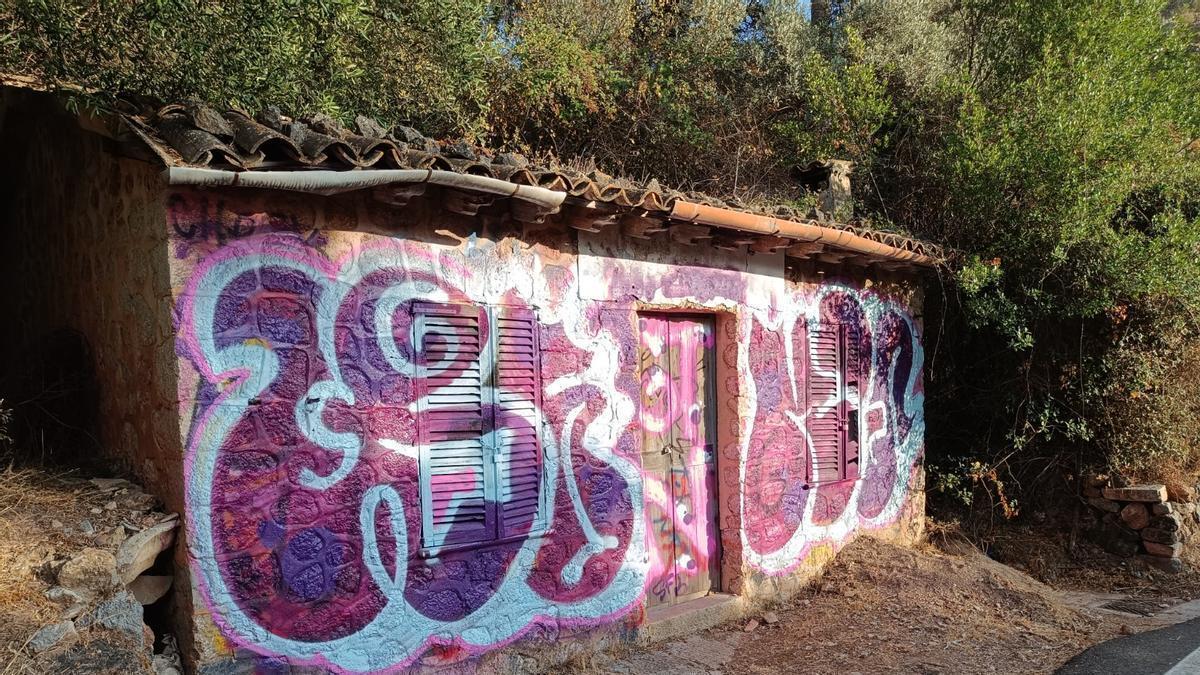 Una gran pintada cubre totalmente la estructura de la pequeña construcción.