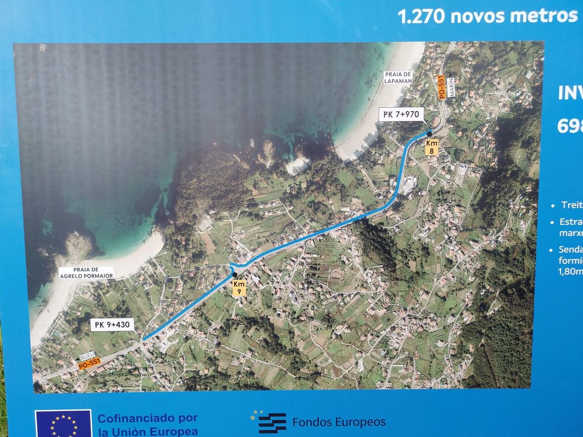 El plano con el trazado previsto para la senda peatonal entre Lapamán y las aceras de Agrelo-Portomaior.