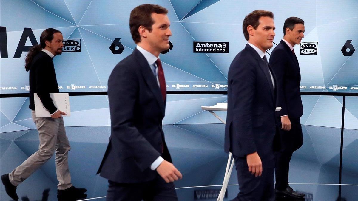 Pablo Iglesias, Pablo Casado, Albert Rivera y Pedro Sánchez, en el debate electoral de Atresmedia del pasado abril.