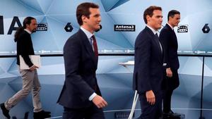 Pablo Iglesias, Pablo Casado, Albert Rivera y Pedro Sánchez, en el debate electoral de Atresmedia del pasado abril.