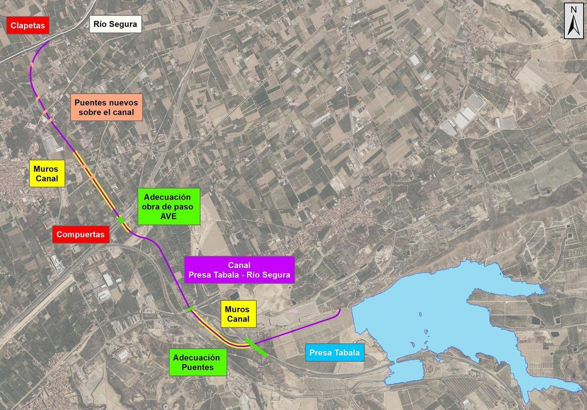 Mapa con la ubicación de las principales actuaciones del proyecto de la presa de Tabala.