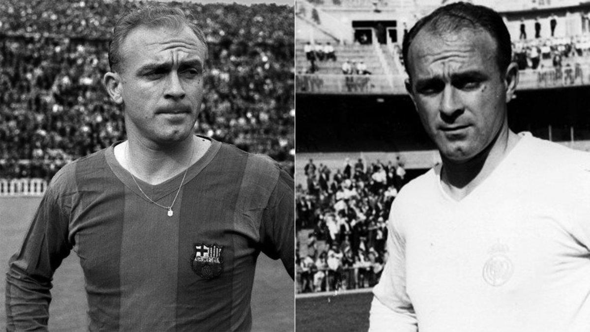 Di Stéfano, vistiendo las camisetas de Barcelona y Real Madrid