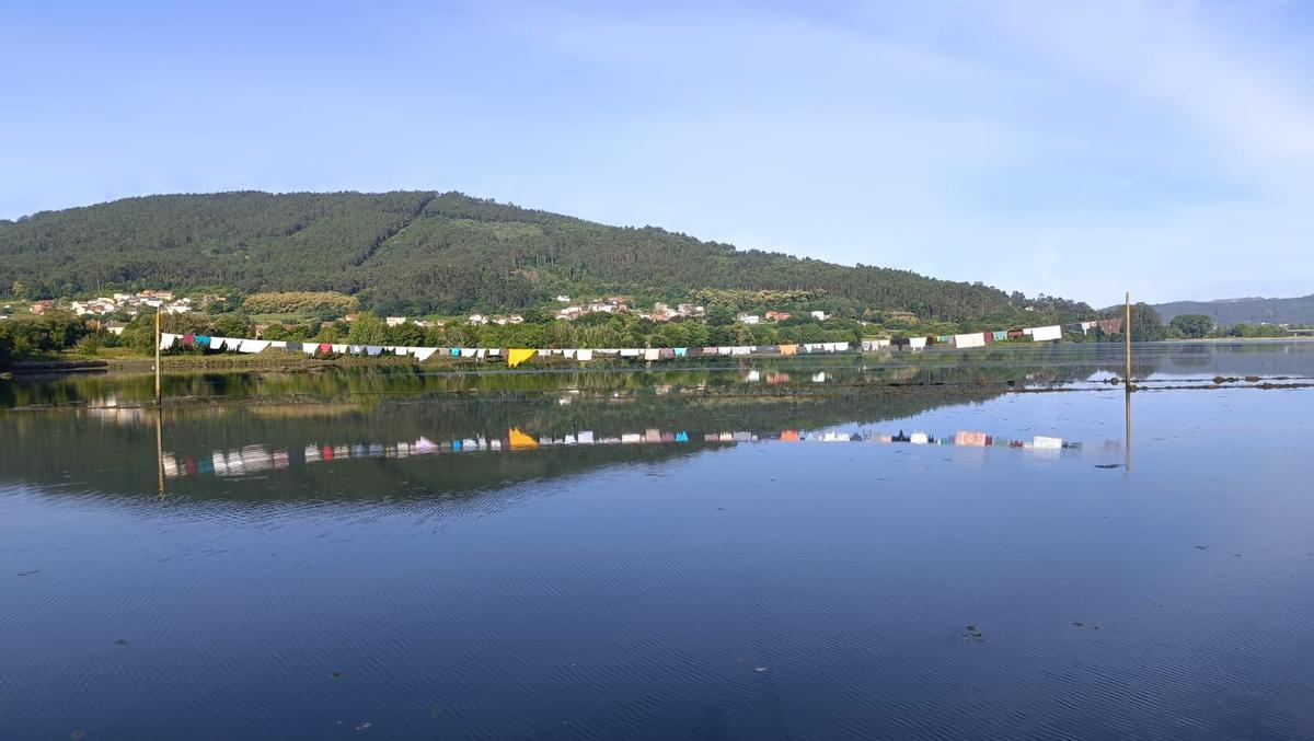 Imagen del tendal que Serafín Marcos instaló sobre la ría de Noia, en el Peirao do Marqués.