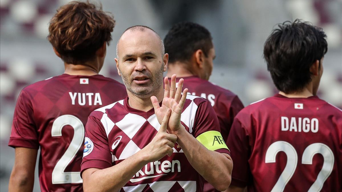 Kobe s midfielder Andres Iniesta celebrates his goal during the AFC Champions League round of 16 football match between Japan s Vissel Kobe and China s Shanghai SIPG on December 7 2020 at the Khalifa International Stadium in the Qatari capital of Doha (Photo by KARIM JAAFAR AFP) Kobe s midfielder Andres Iniesta celebrates his goal during the AFC Champions League round of 16 football match between Japan s Vissel Kobe and China s Shanghai SIPG on December 7 2020 at the Khalifa International Stadium in the Qatari capital of Doha (Photo by KARIM JAAFAR AFP)