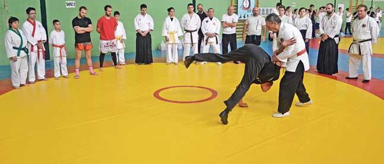 Un maestro hace una llave a un alumno, ayer, en la exhibición benéfica.