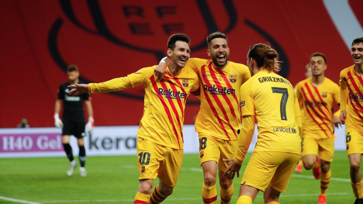 Los jugadores del Barça celebran un gol en la final de la Copa del Rey e la temporada 2020/21 ante el Athletic