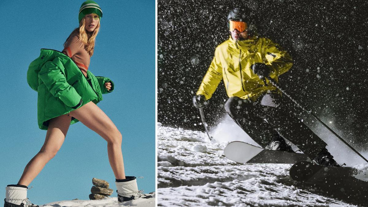 Mujer en ropa de esquí posa con gafas de esquí retrato de niña con gafas de  nieve