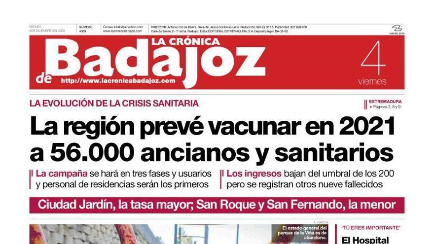 Esta es la portada de LA CRÓNICA DE BADAJOZ correspondiente al día 4 de diciembre del 2020