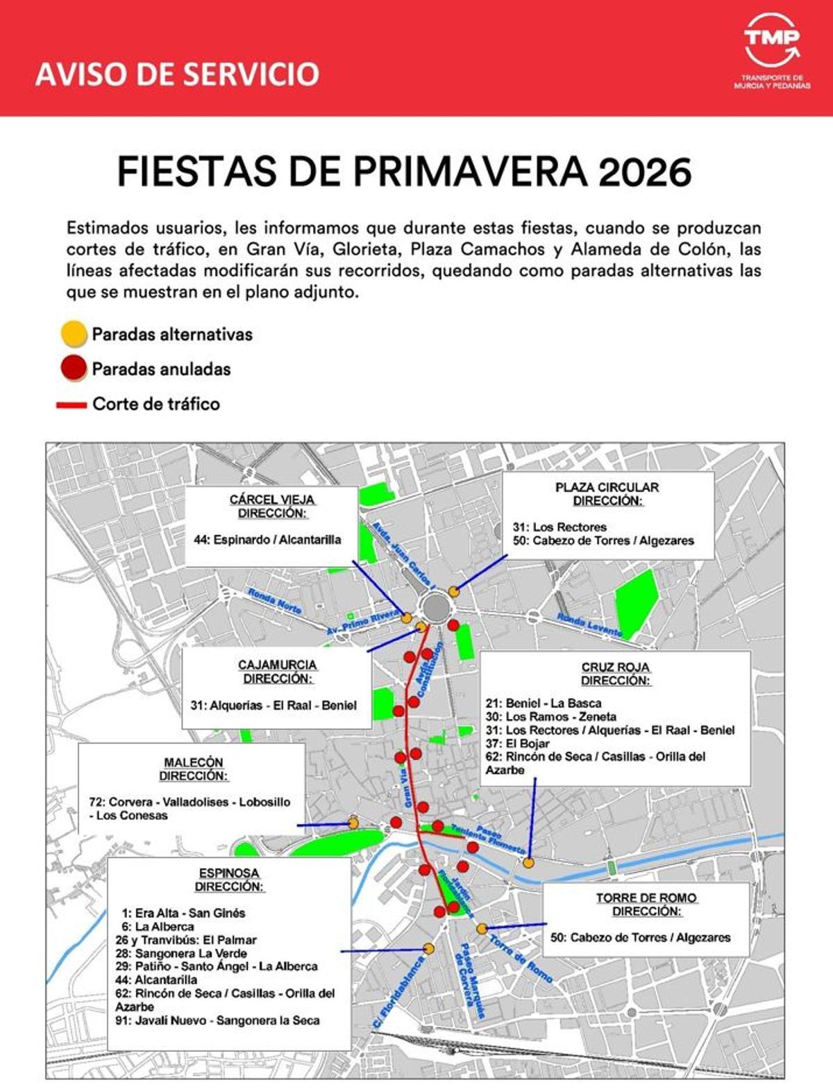 Mapa con los cambios en el transporte público en Murcia
