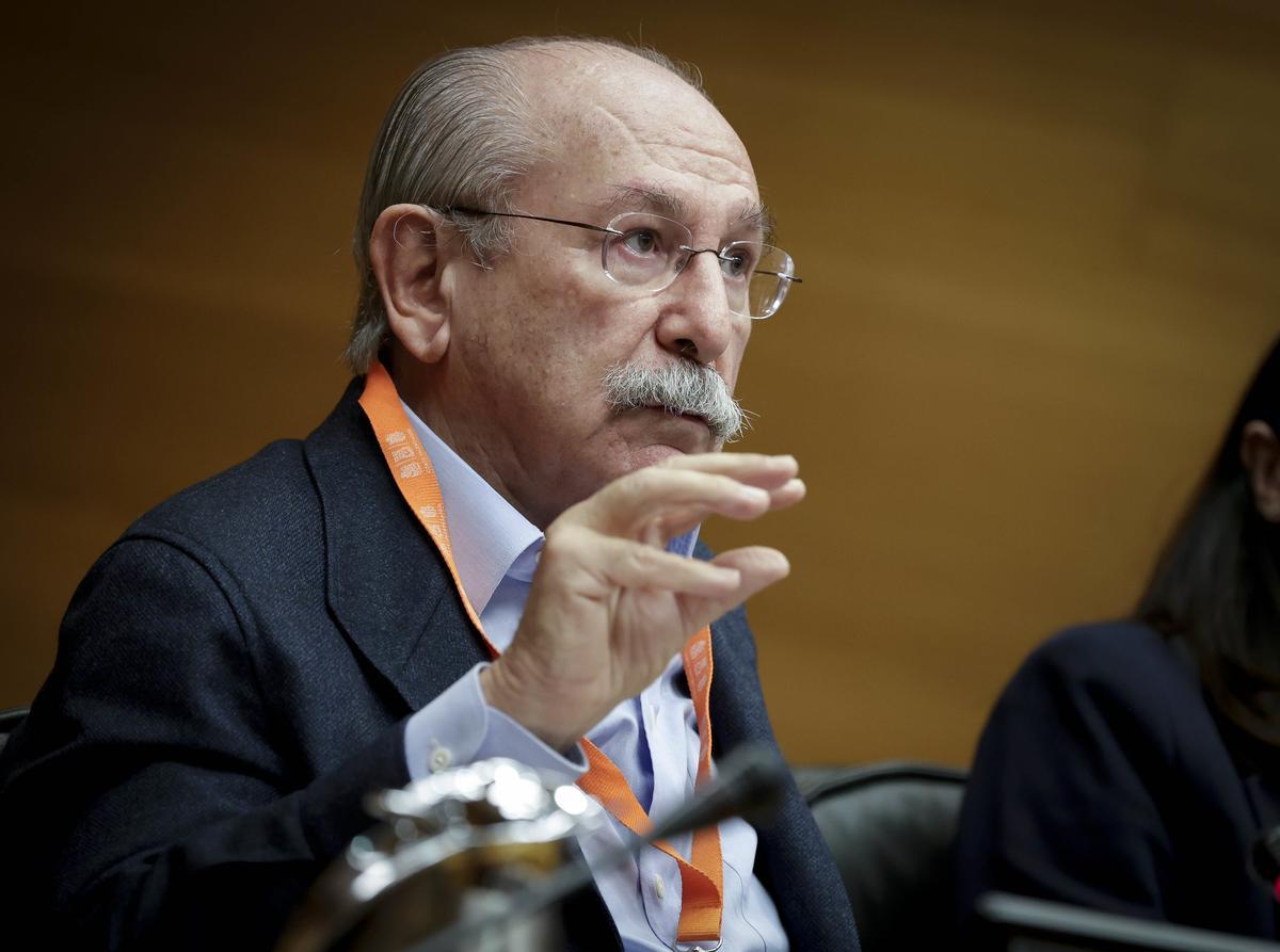 El expresidente y fundador de Sacyr, Luis del Rivero, interviene en las Corts, este martes.