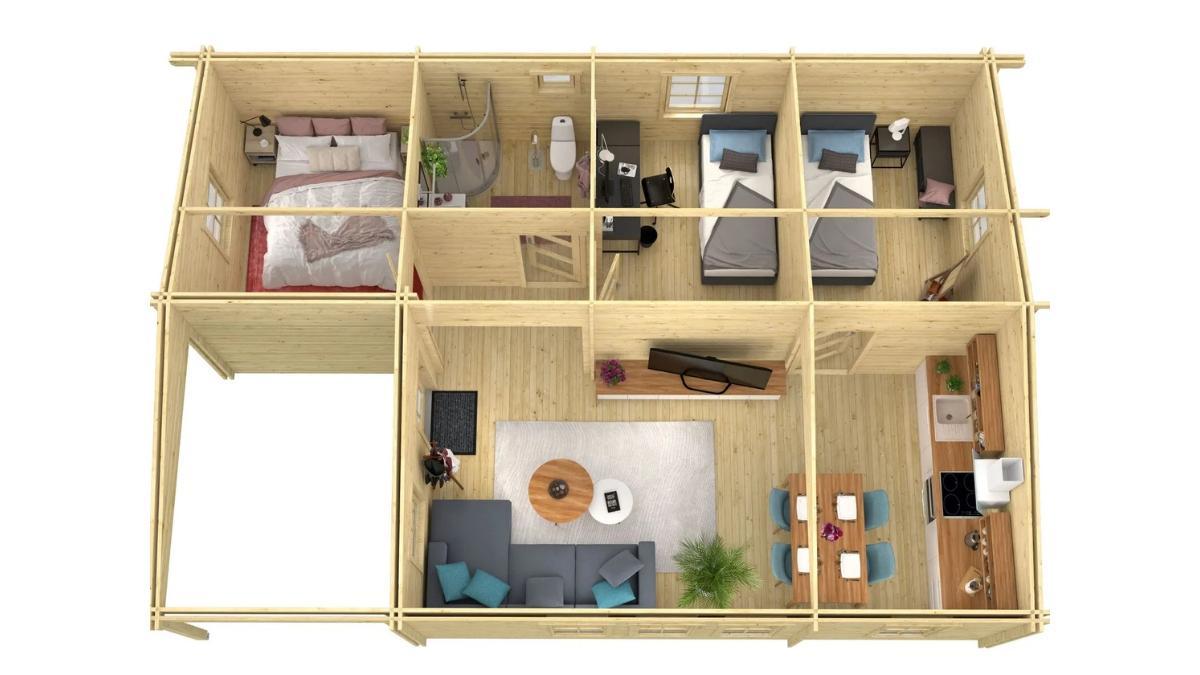 Planos de la casa prefabricada de madera sagunto, con tres dormitorios y extensión 70 metros cuadrados.