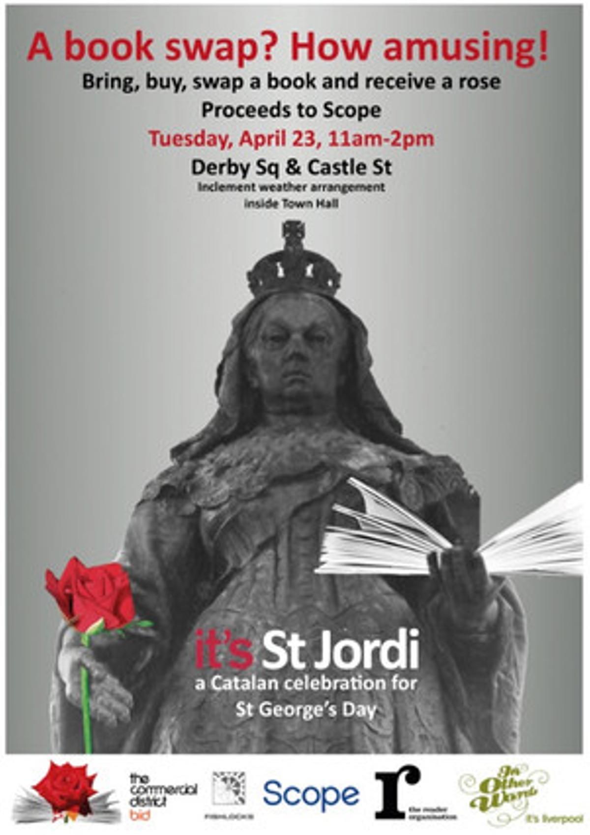 Pòster per celebrar el dia de Sant Jordi a Liverpool.