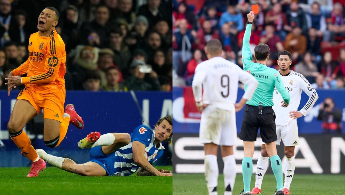 La entrada de Romero contra Mbappé (Espanyol 1 - 1 Real Madrid) y la roja vista por Bellingham en el Sadar (Osasuna 1 - 1 Real Madrid).