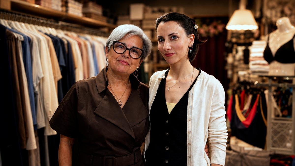 María Luisa Ríos junto a la encargada María, en su mercería de la calle de San Pedro.