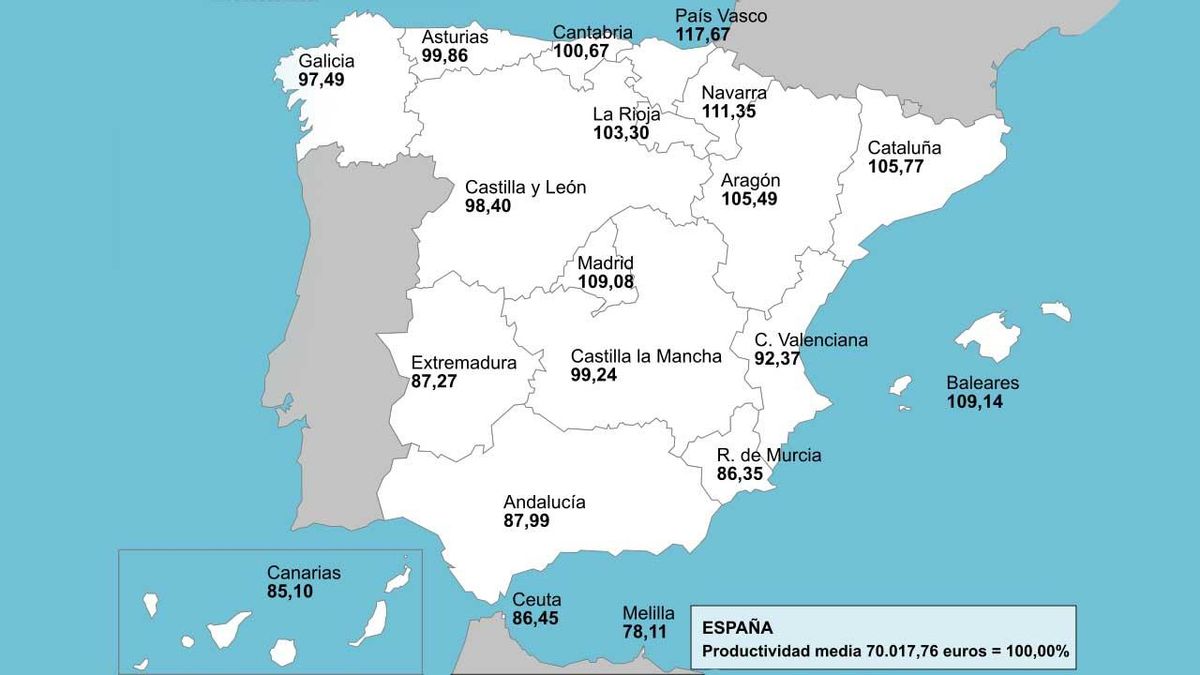 Mapa de la productividad VAB/Ocupados por comunidades autónomas en el año 2023.