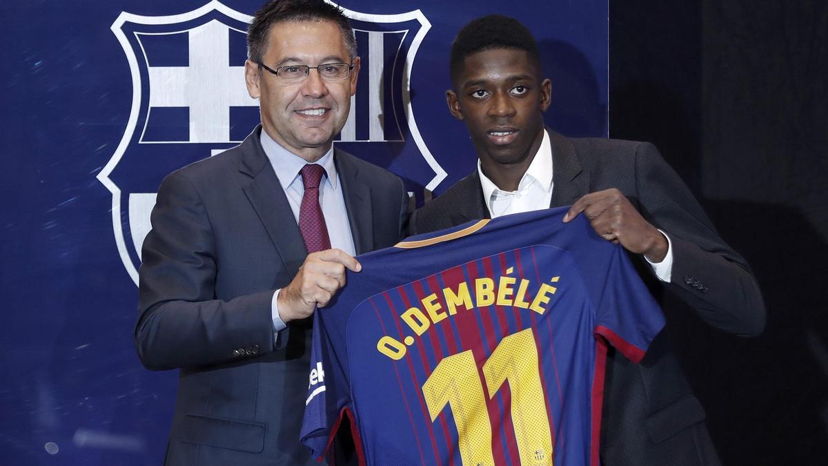 Bartomeu y Dembélé, en la presentación del futbolista francés.