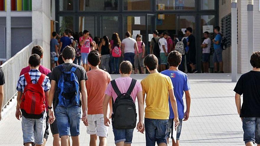 Grupo de estudiantes en la puerta de su instituto.