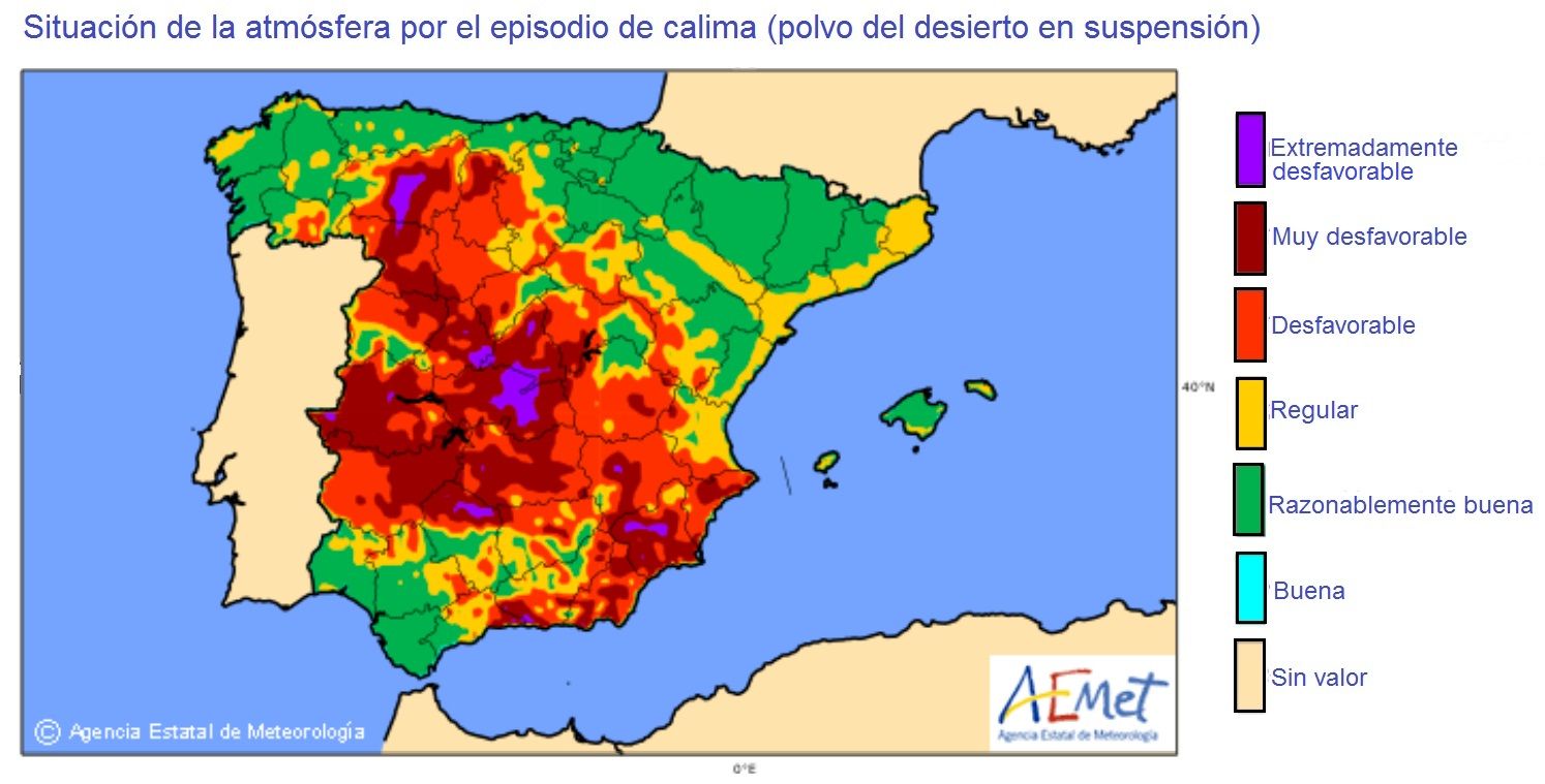 Calima. Situación de la calidad del aire en la península según el mapa de la Aemet