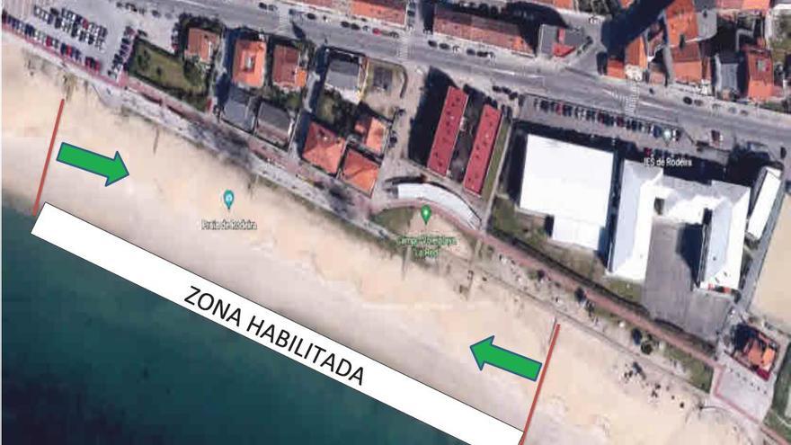 Plano con la zona delimitada para hogueras en la playa de Rodeira, en Cangas.