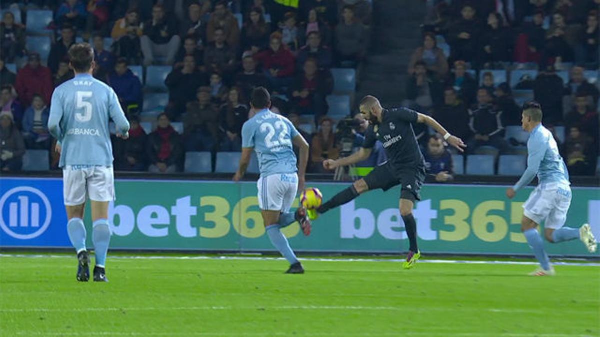 Control exquisito en el aire, media vuelta y disparo: golazo de Benzema para el 0-1