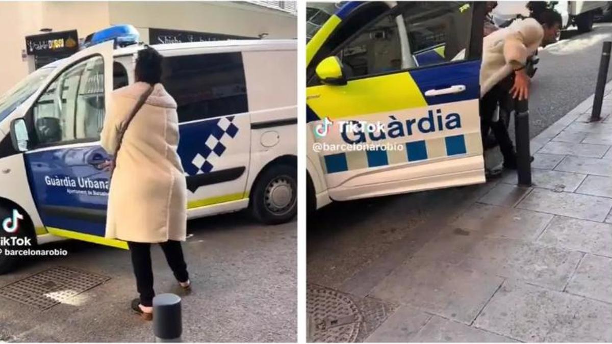 Les imatges de la dona pujant als cotxes de la Guàrdia Urbana de Barcelona