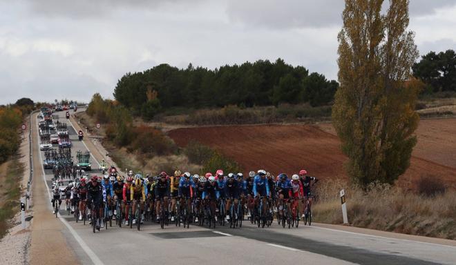 El pelotón durante la cuarta etapa de la Vuelta que se disputa hoy entre Garray Numancia y Ejea de los Caballeros, de 194,7 kilómetros